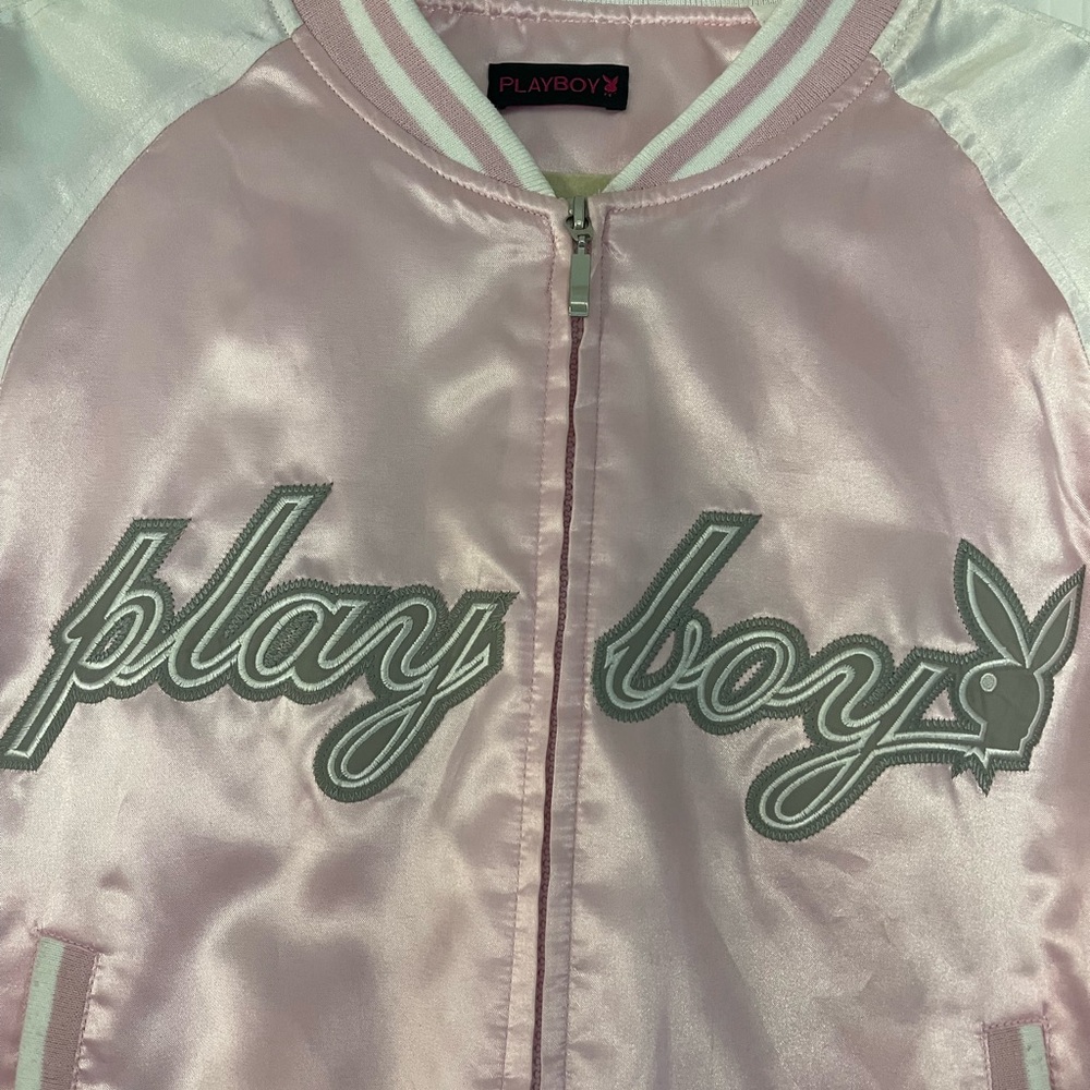PLAYBOY Pink Satin Bomber Jacket with Ribbed Collar and Embroidered Text